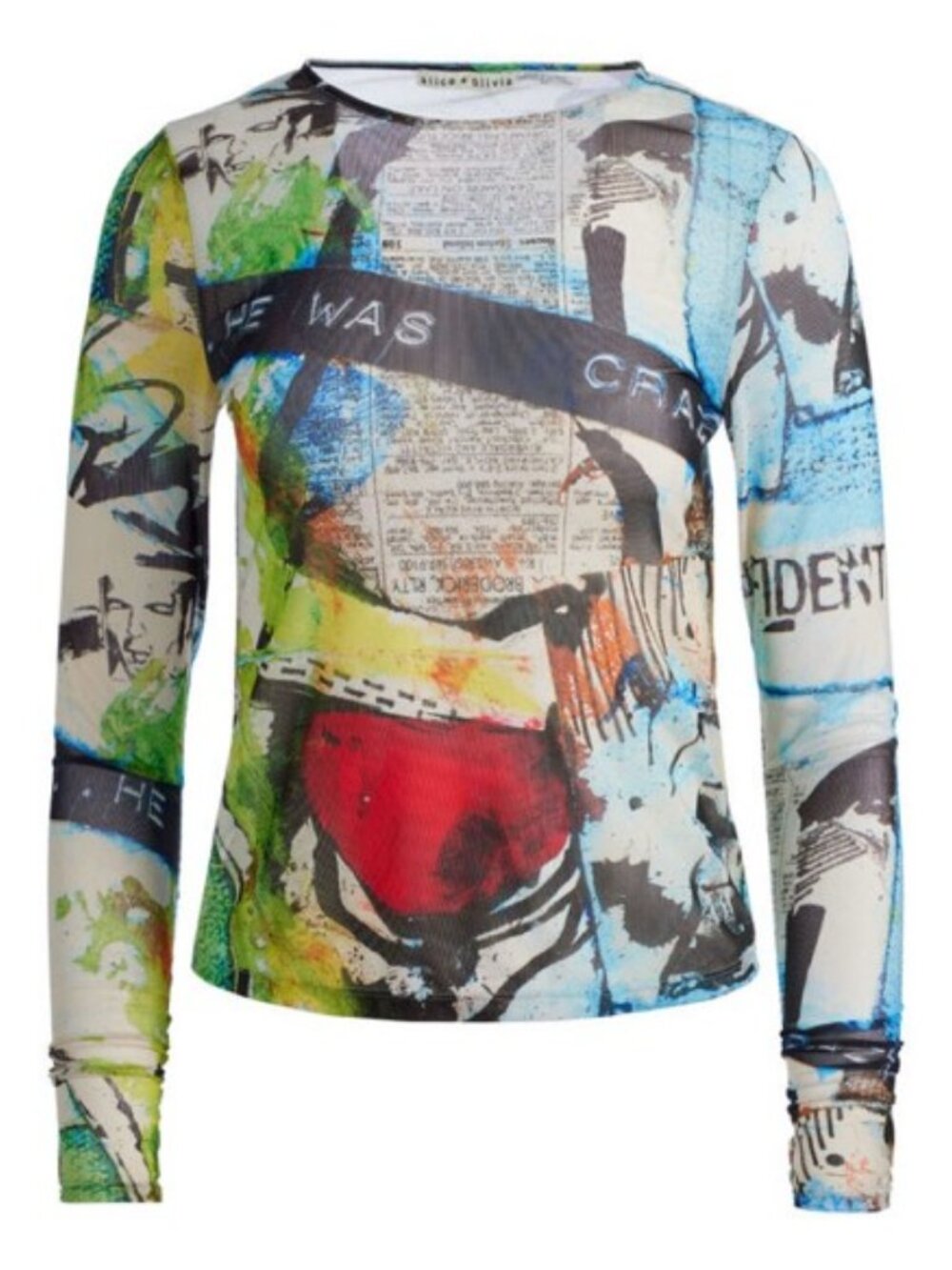 Alice + Olivia x Basquiat Delaina Mesh Top Newspaper Confidential Print Small - Picture 4 of 5